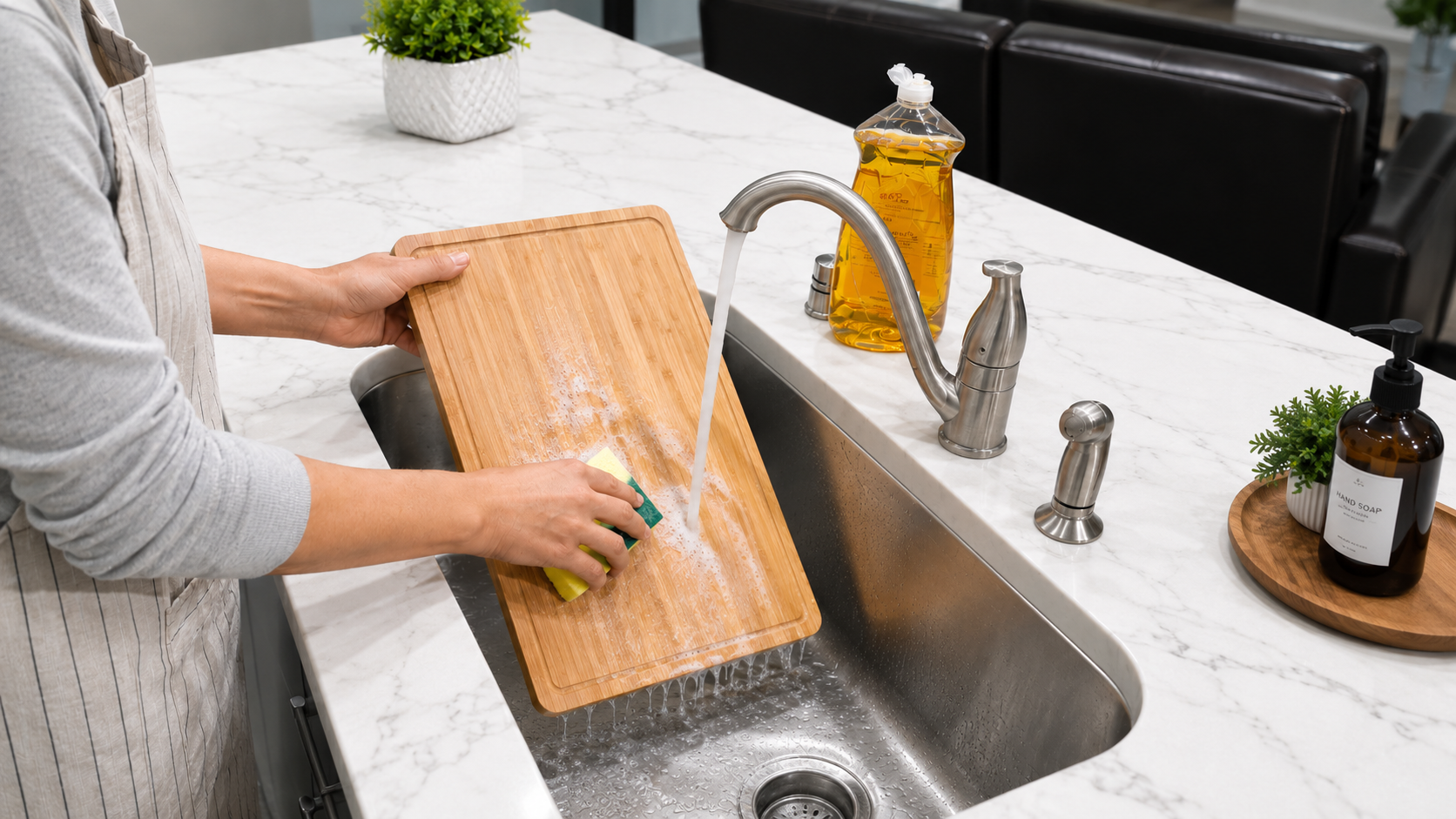 A person in a kitchen washes a Nolly Home bamboo cutting board in a stainless steel sink with running water, using a yellow sponge. A bottle of dish soap and other kitchen items are visible on the white marble countertop.
