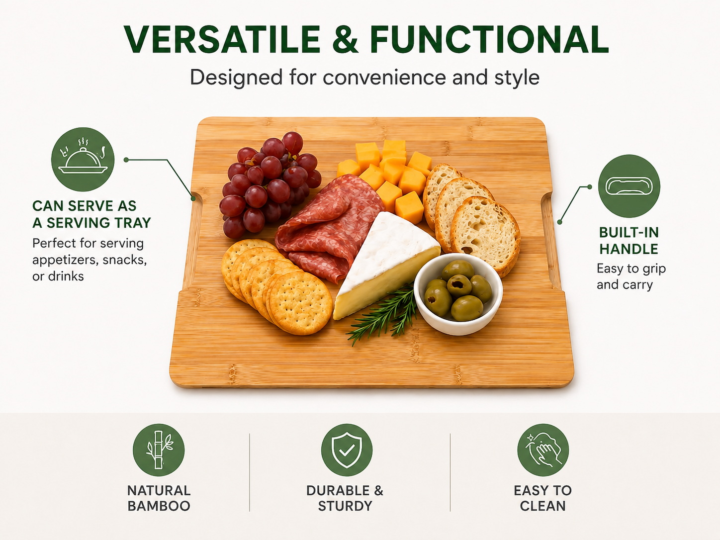 A bamboo serving tray with a built-in handle, shown on a light background with food items like grapes, cheese, crackers, and olives placed on it. Text around the tray highlights its versatility and features such as natural bamboo, durability, and ease of cleaning.