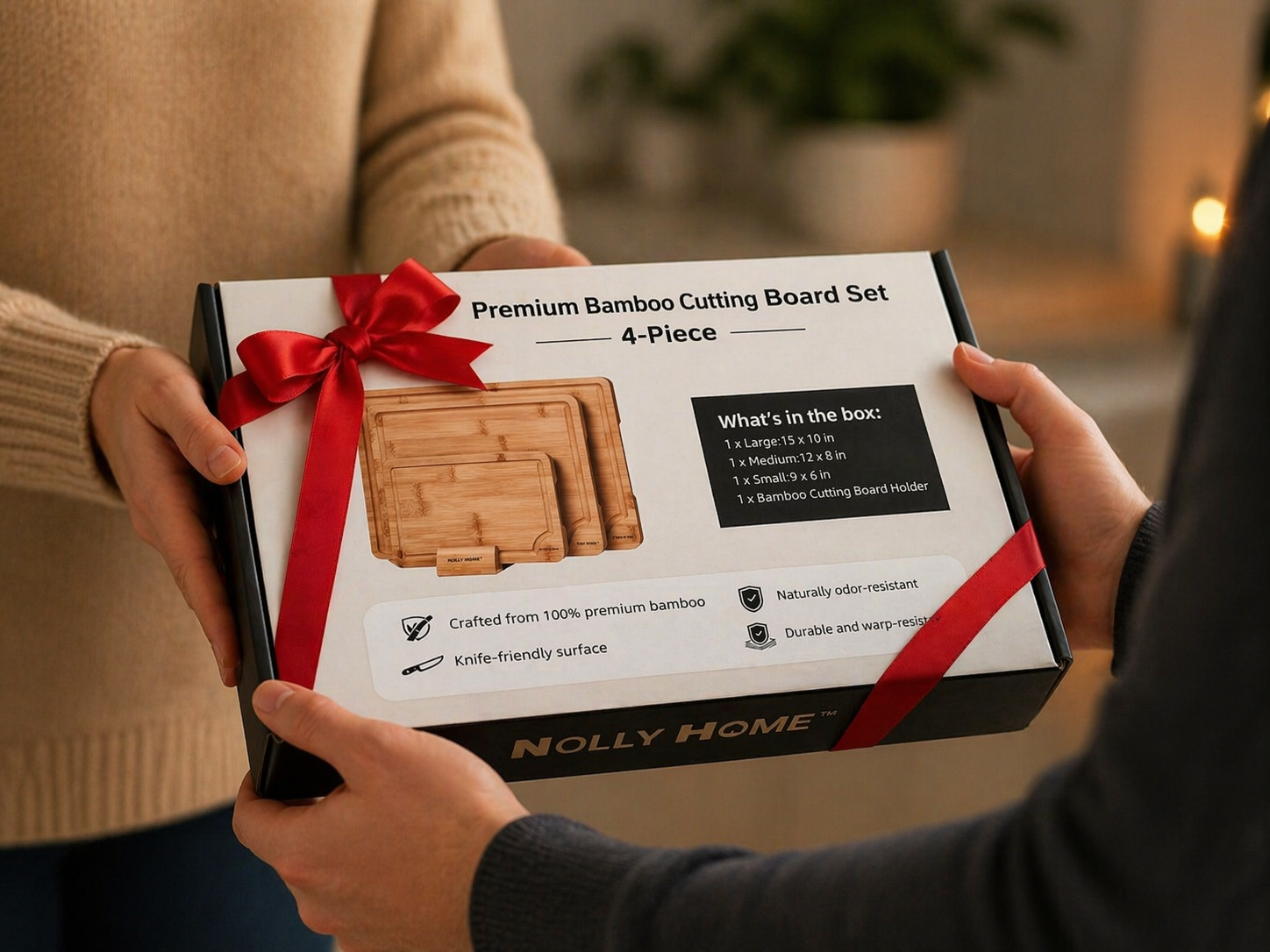 Two people exchanging a gift of Nolly Home Premium Bamboo Cutting Board Set.