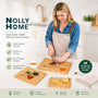 Woman in a kitchen using Nolly Home bamboo products with text highlighting features.