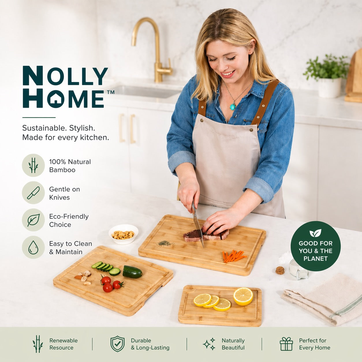 Woman in a kitchen using Nolly Home bamboo products with text highlighting features.