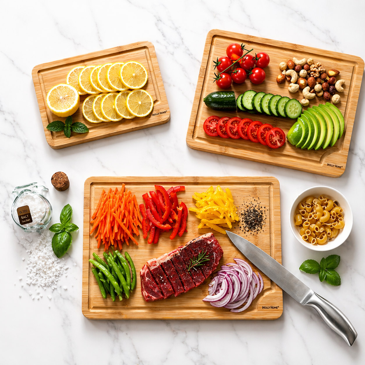 Nolly Home Premium Bamboo cutting boards set with sliced vegetables and  meat with a knife on a marble surface