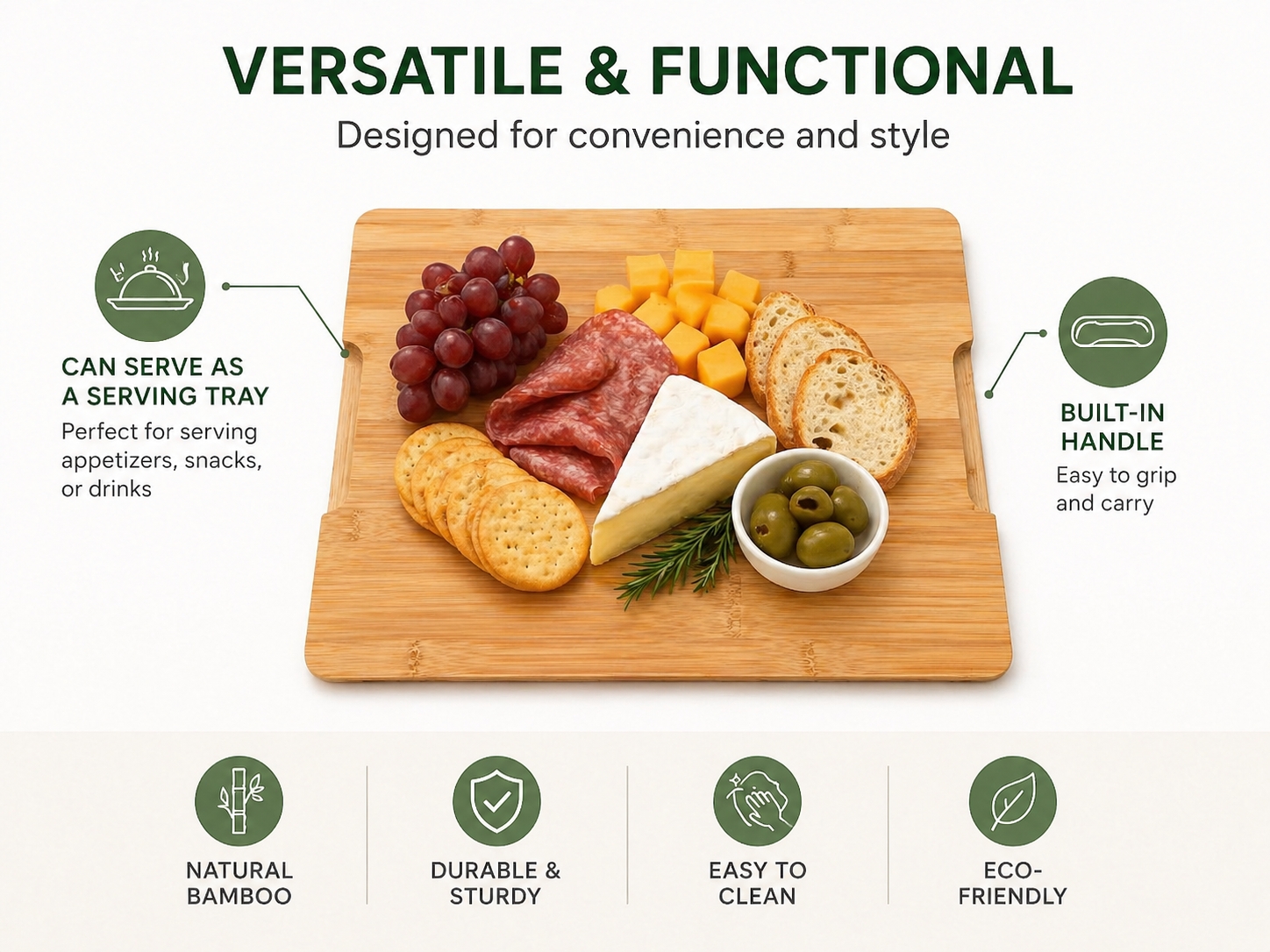 Nolly Home Premium Large Bamboo cutting board with food items and text highlighting features.
