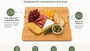 Nolly Home Premium Large Bamboo cutting board with food items and text highlighting features.