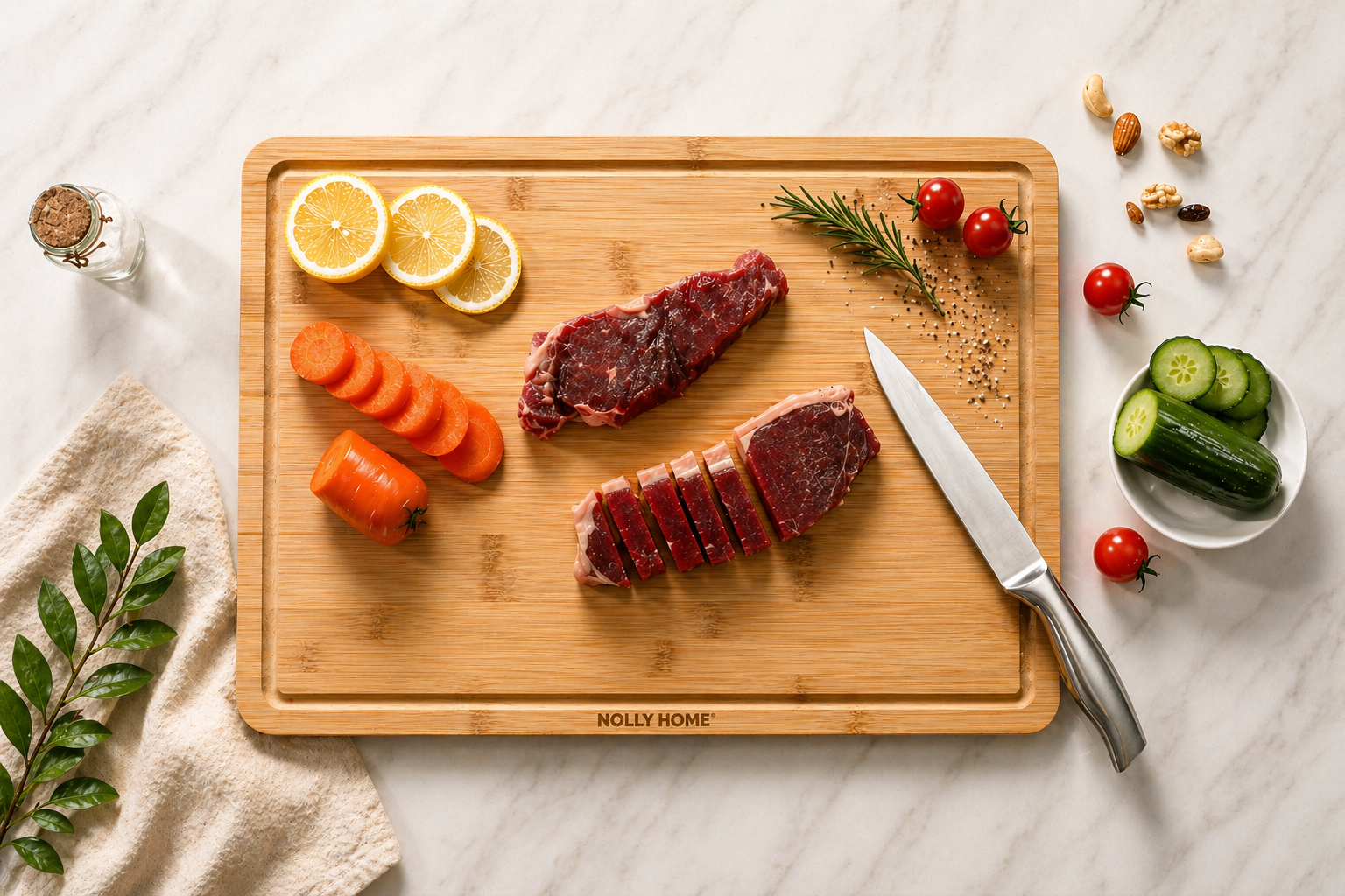 Nolly Home Premium Large Bamboo cutting board with sliced meat, vegetables, and a knife on a light surface.