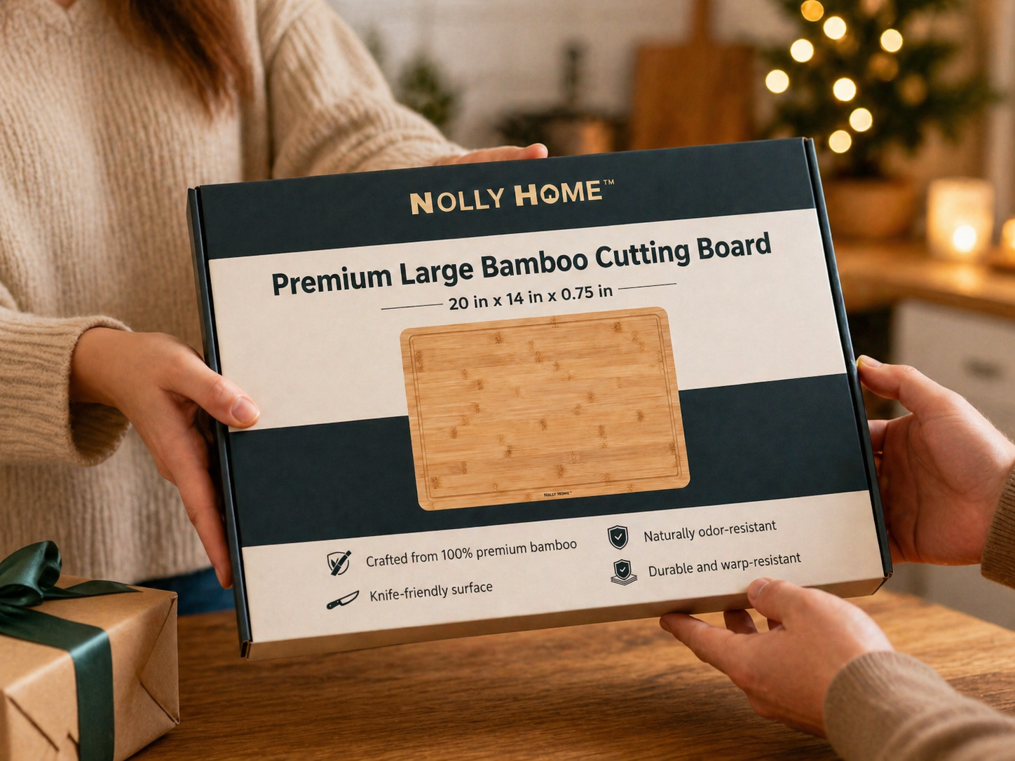 Two people exchanging a gift of Nolly Home premium large bamboo cutting board.
